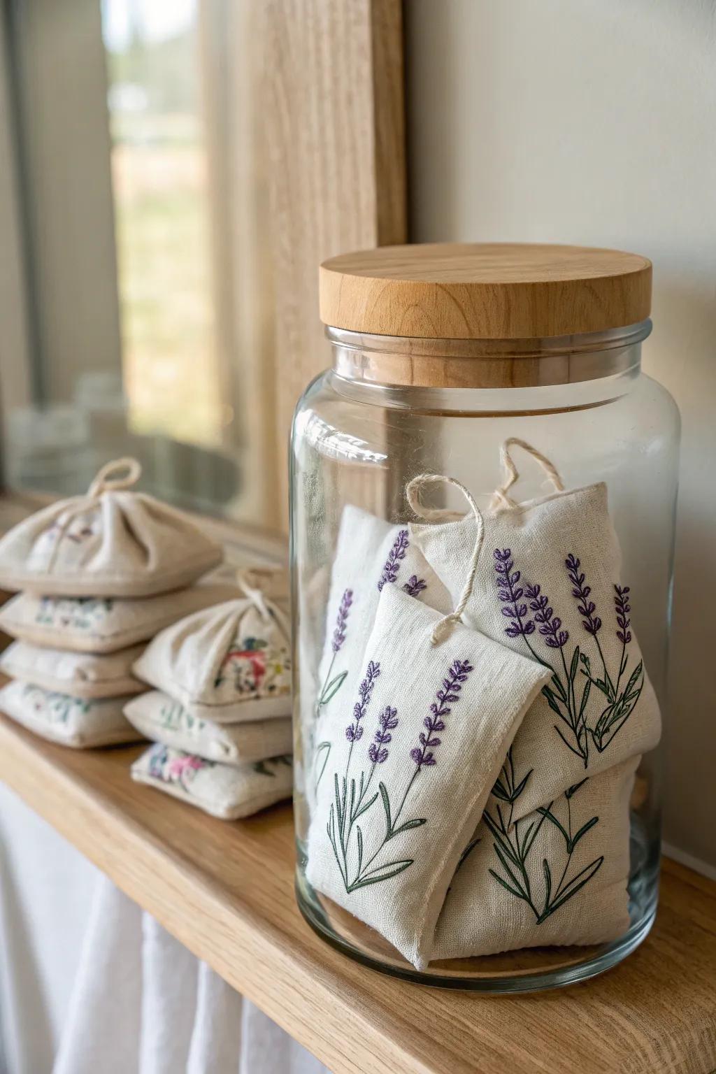 Lavender sachets beautifully arranged in a glass jar, adding rustic charm to your home.