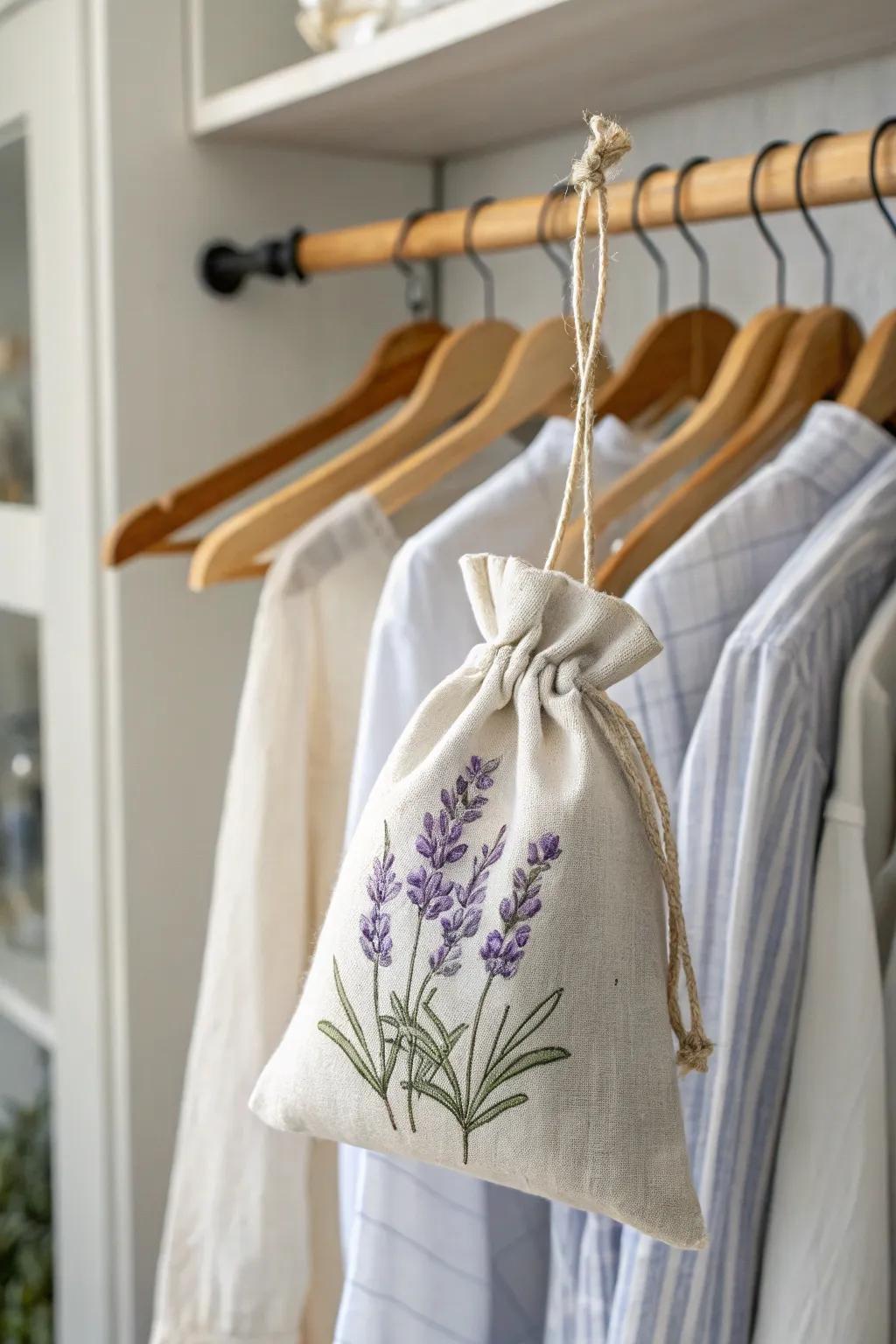 Handcrafted lavender sachets hanging in a closet to keep clothes fresh and moth-free.