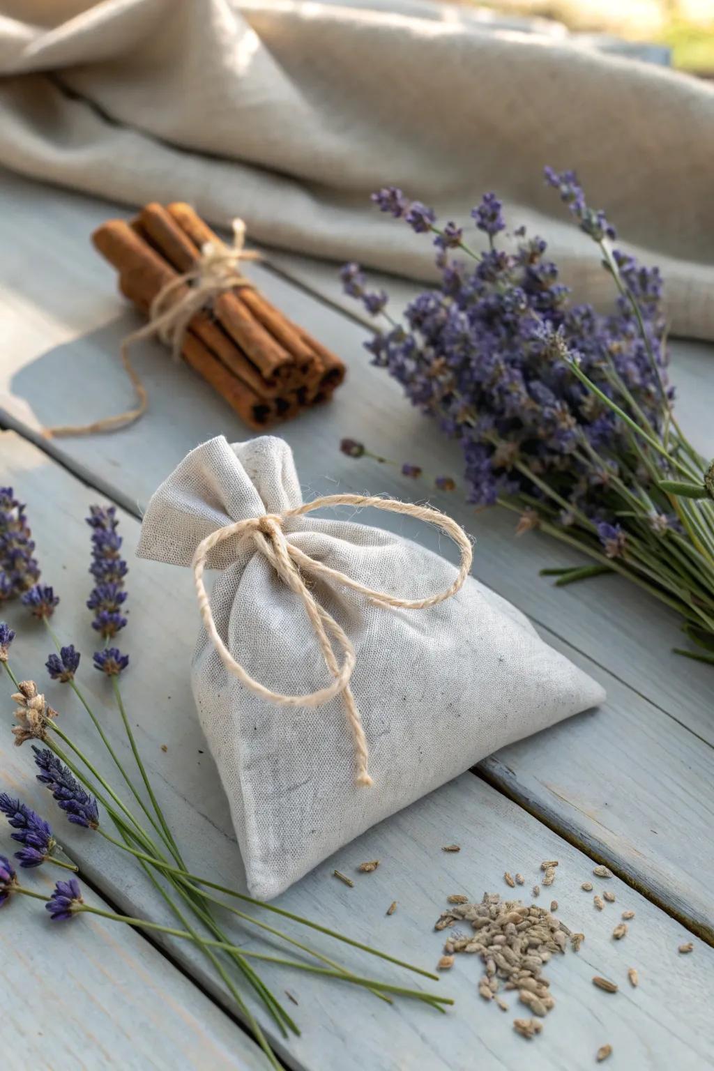 Lavender sachets blended with cinnamon sticks for a warm, inviting aroma.