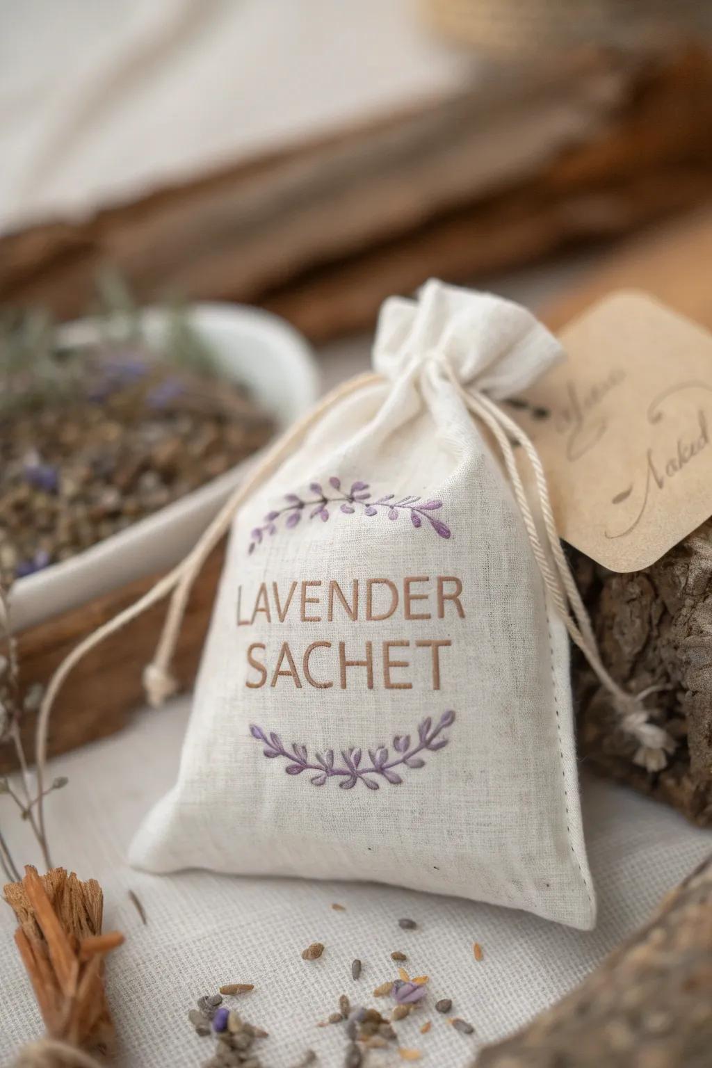 Handcrafted custom tags attached to lavender sachets for a personalized finish.