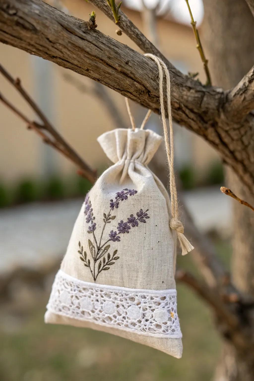 Handcrafted lavender sachet ornaments adding a boho touch to holiday decor.