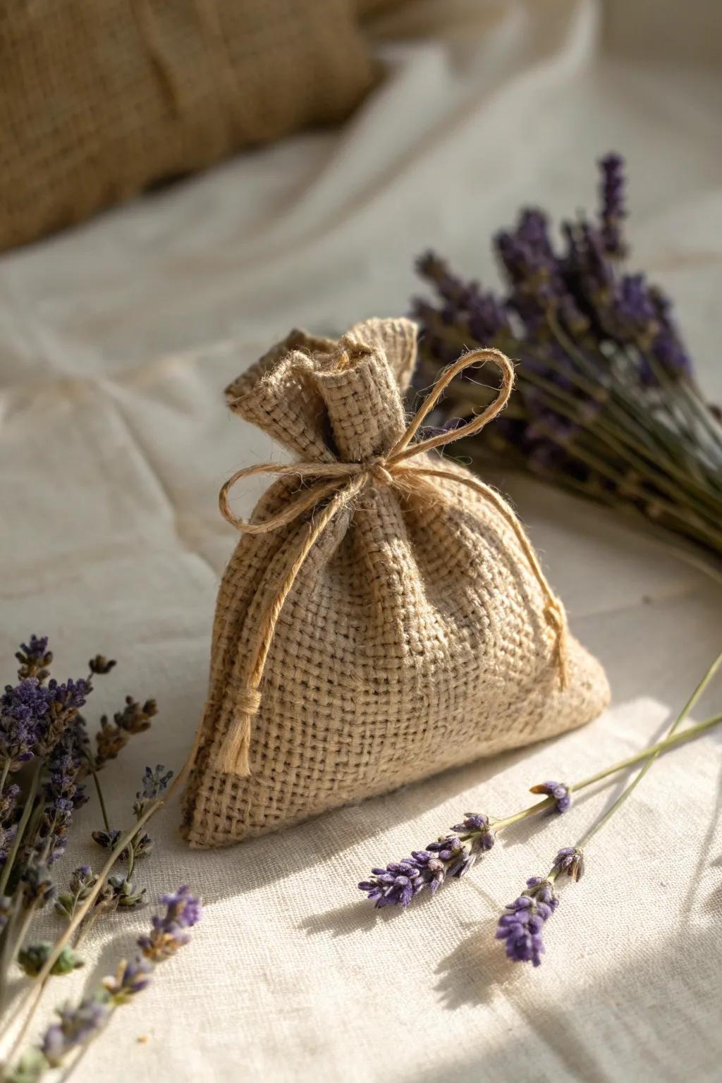 Handmade lavender sachets crafted from burlap for a rustic aesthetic.