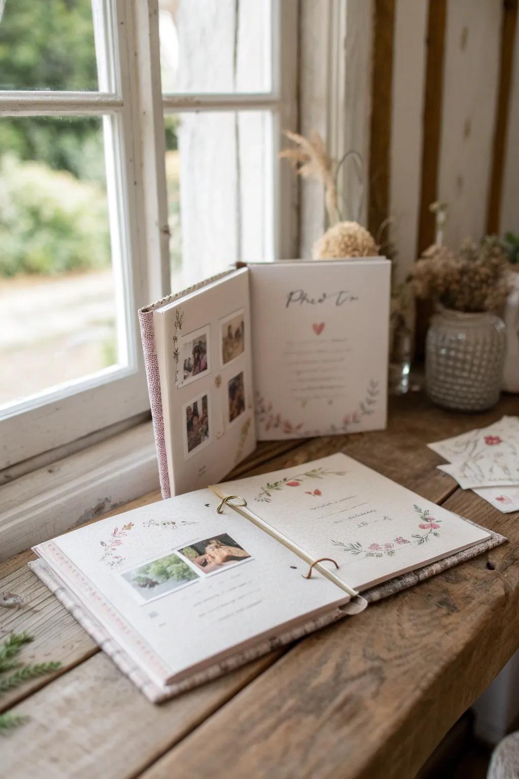 Explore treasured moments through themed mini scrapbook sections, each telling its own story.