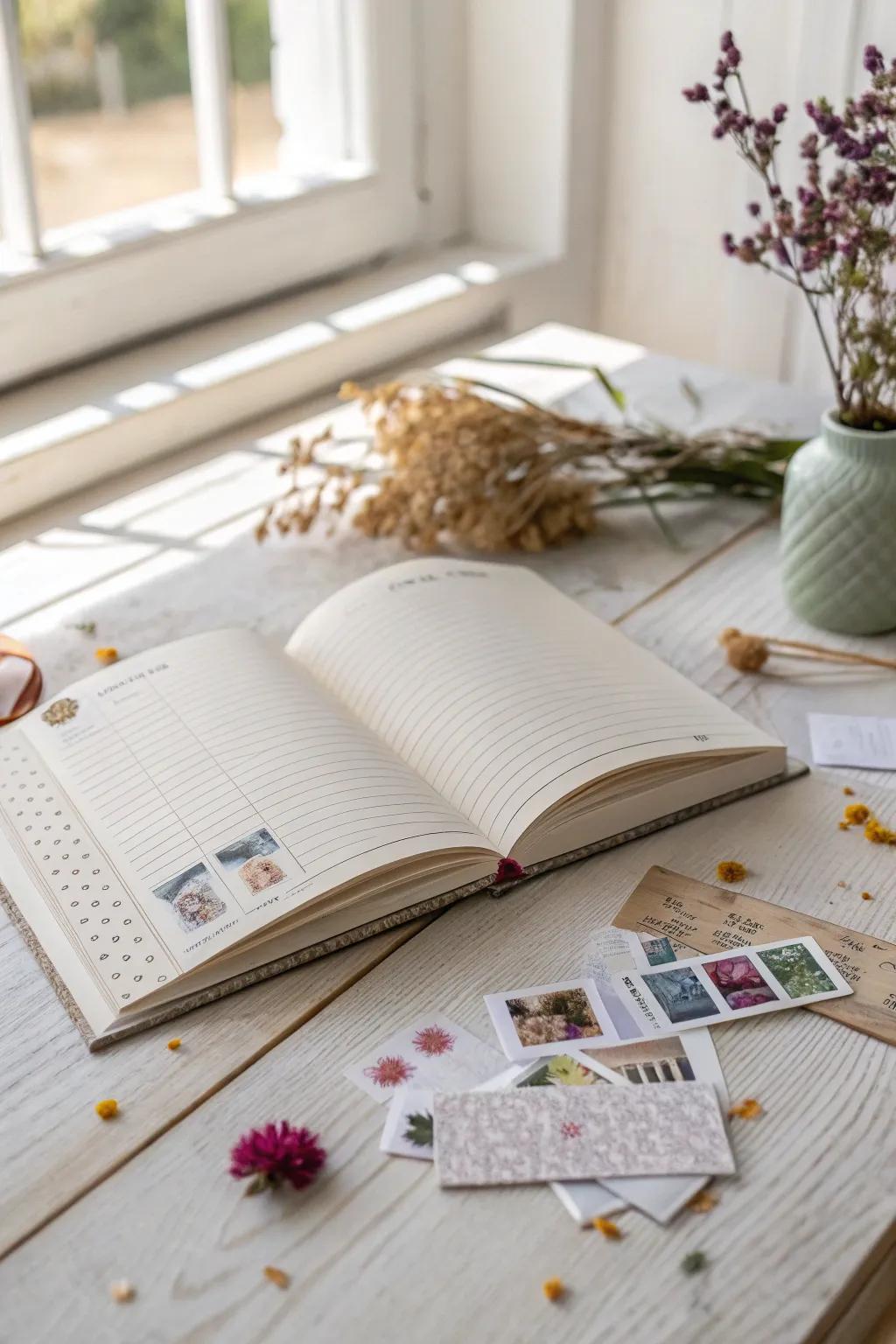 Preserve precious moments with keepsakes like tickets and dried flowers, adding nostalgia and charm.