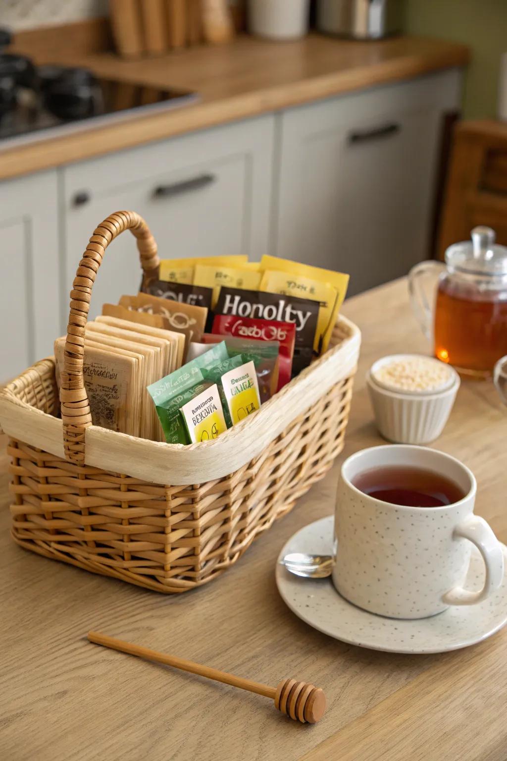 A charming basket for tea enthusiasts.