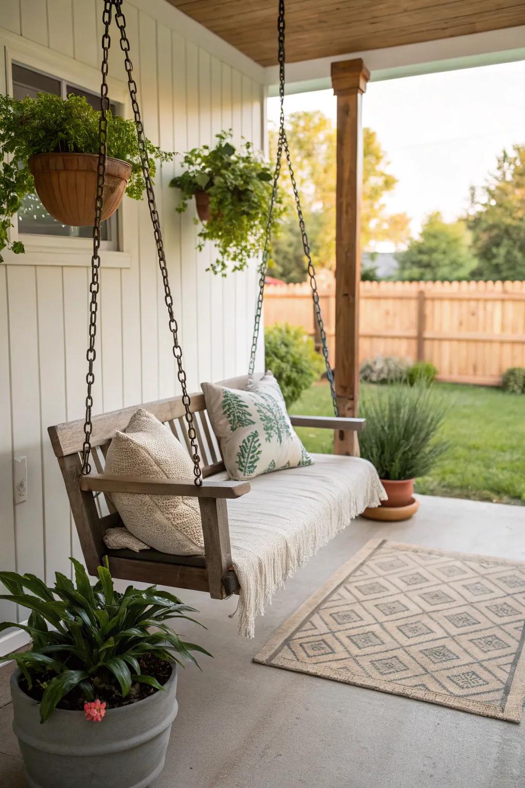 A nostalgic porch swing offering a peaceful retreat.