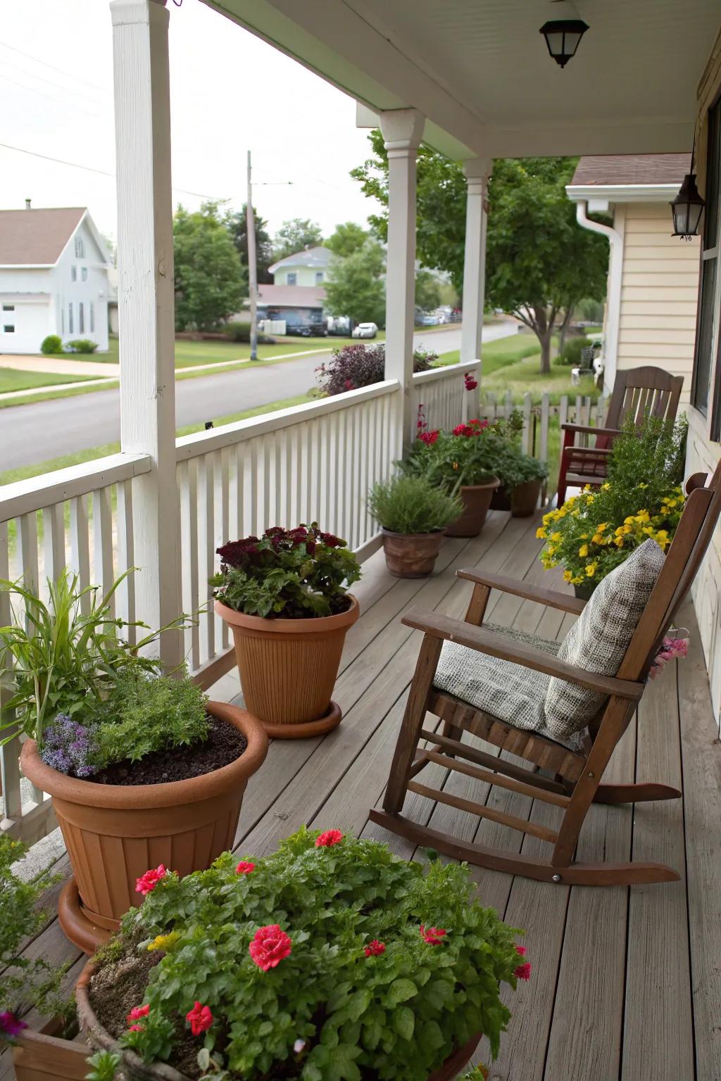 Vibrant potted plants adding freshness to the front porch.