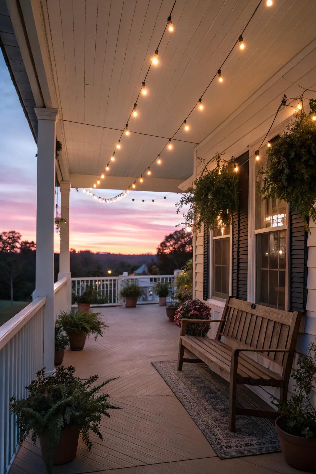 String lights casting a warm glow on the porch at night.
