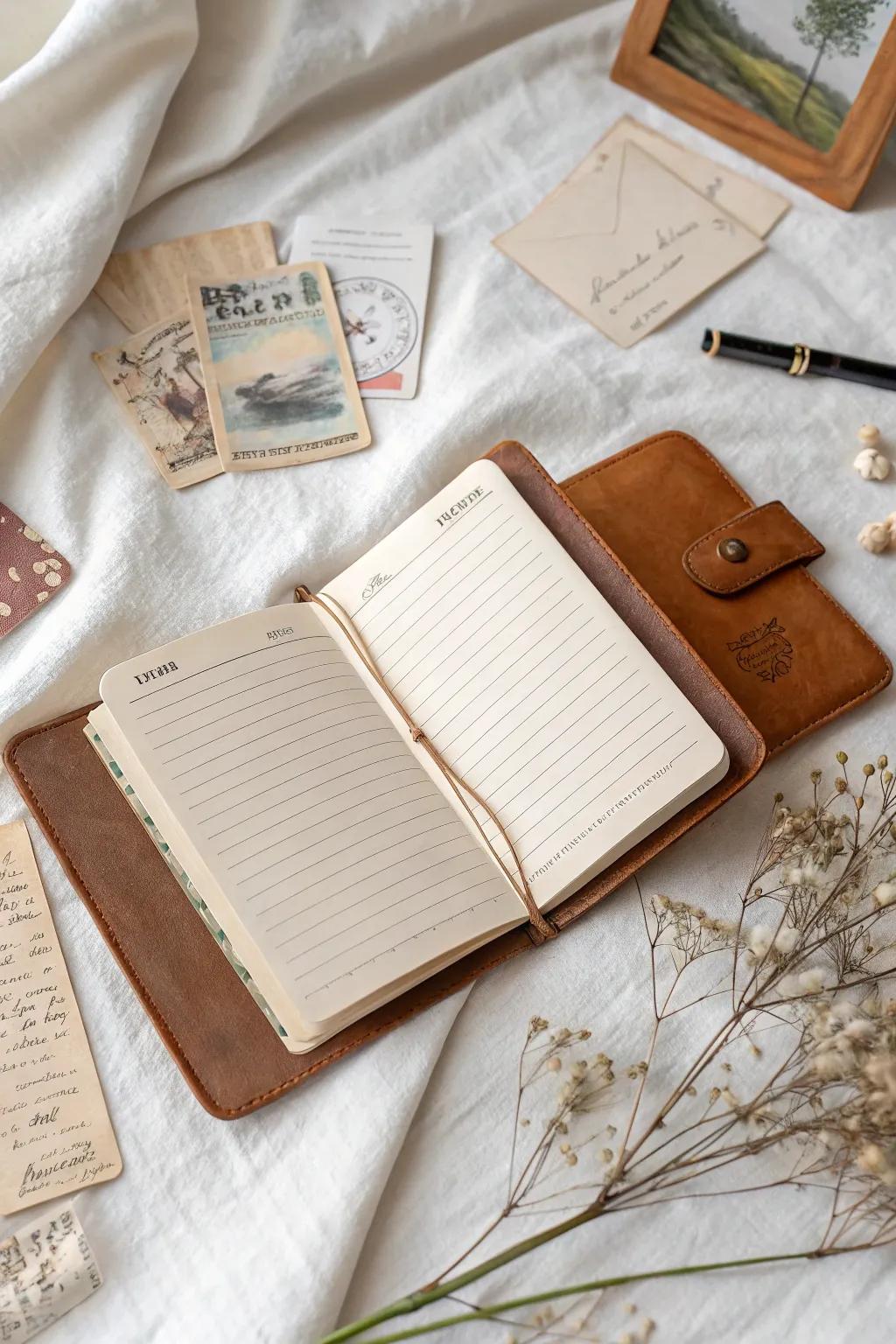 Preserve your travel memories in a minimalist journal filled with keepsakes.
