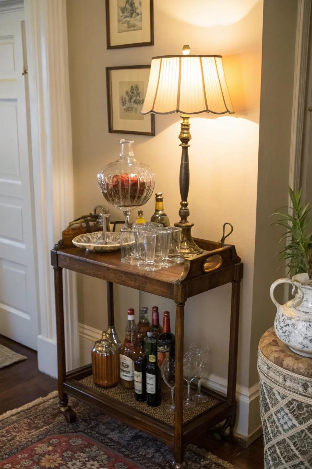 Vintage drink table in an entryway, adding nostalgic charm.