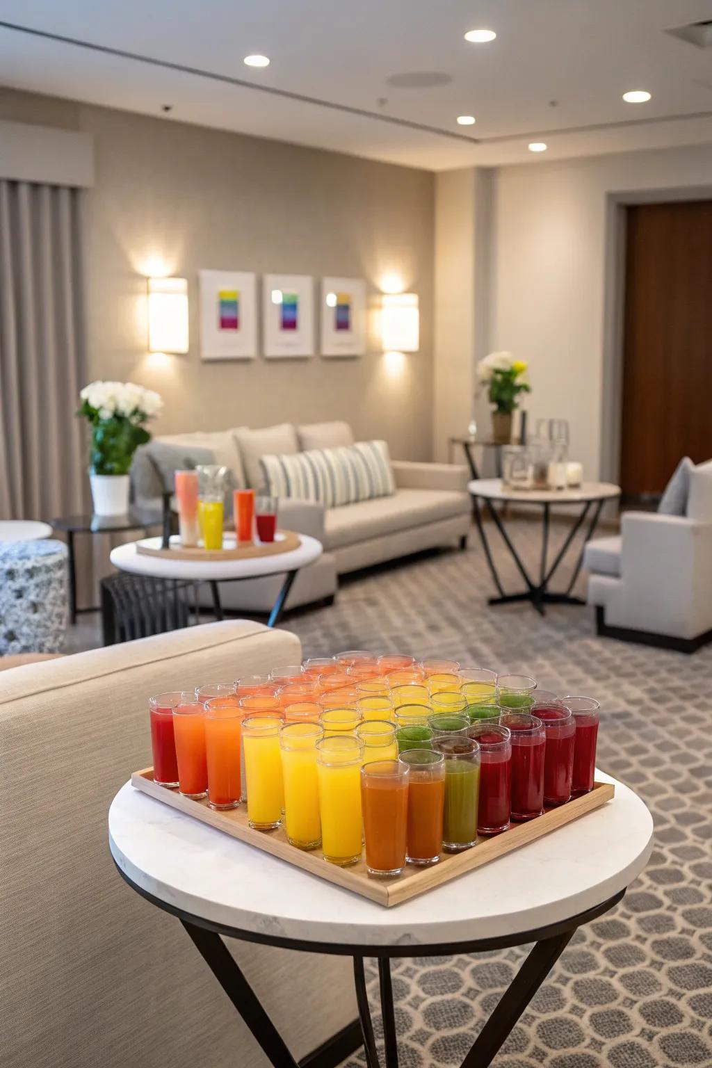 Brightly colored drink table adding vibrancy to a neutral lounge.