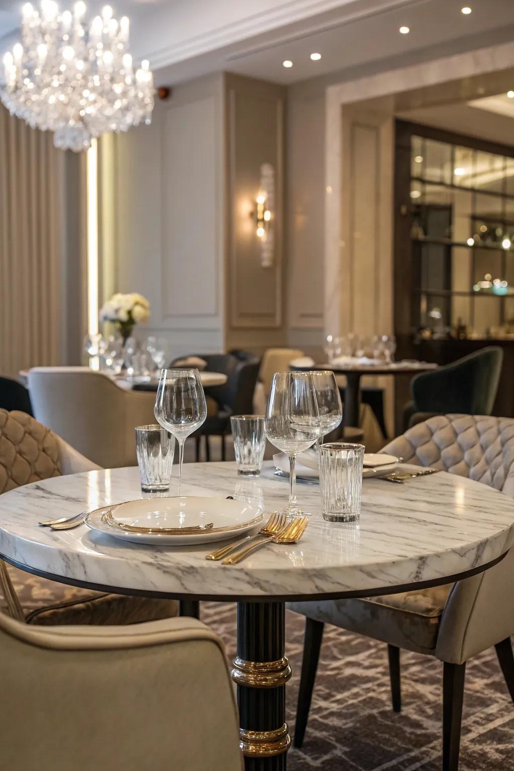 Marble drink table adding sophistication to a dining room.