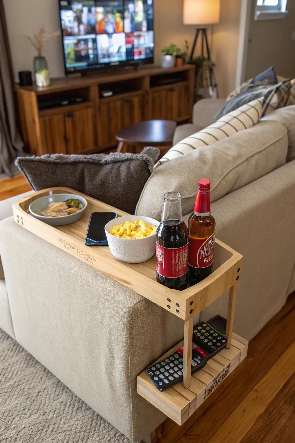 C-shaped drink table offering convenience in a TV room.