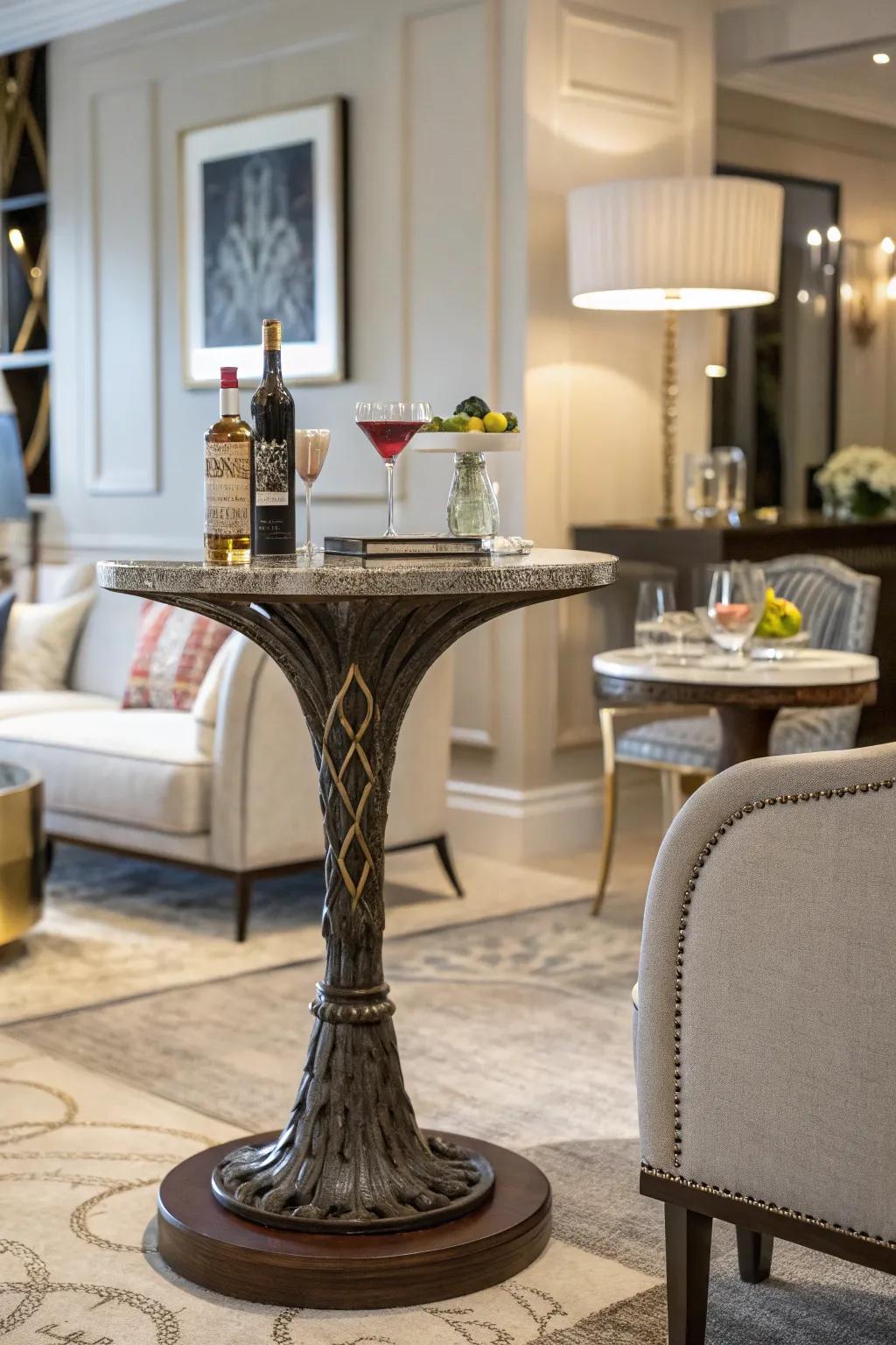 Artistic drink table with sculptural base in a living room.