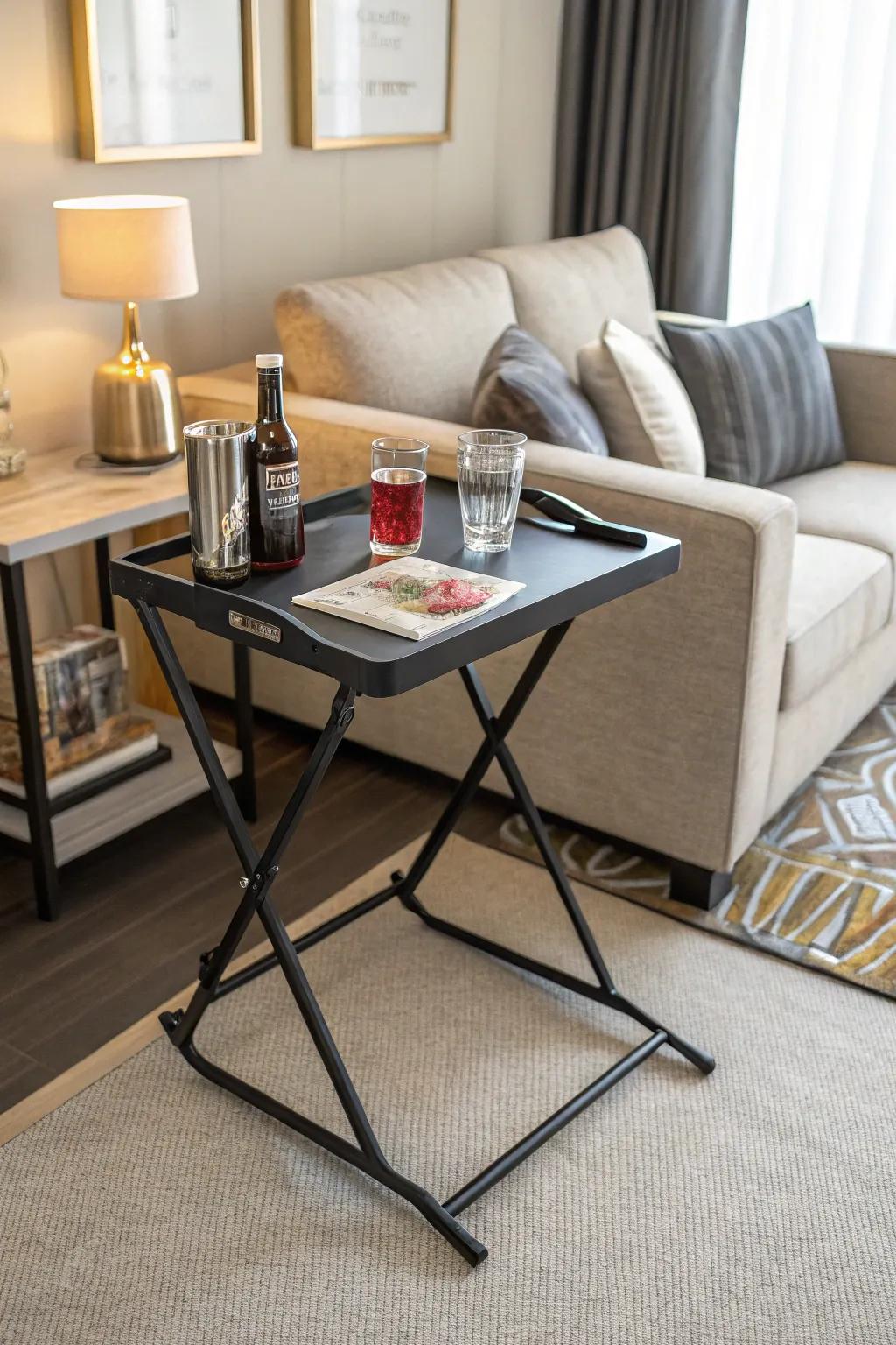Foldable drink table in a guest room, ready for use when needed.