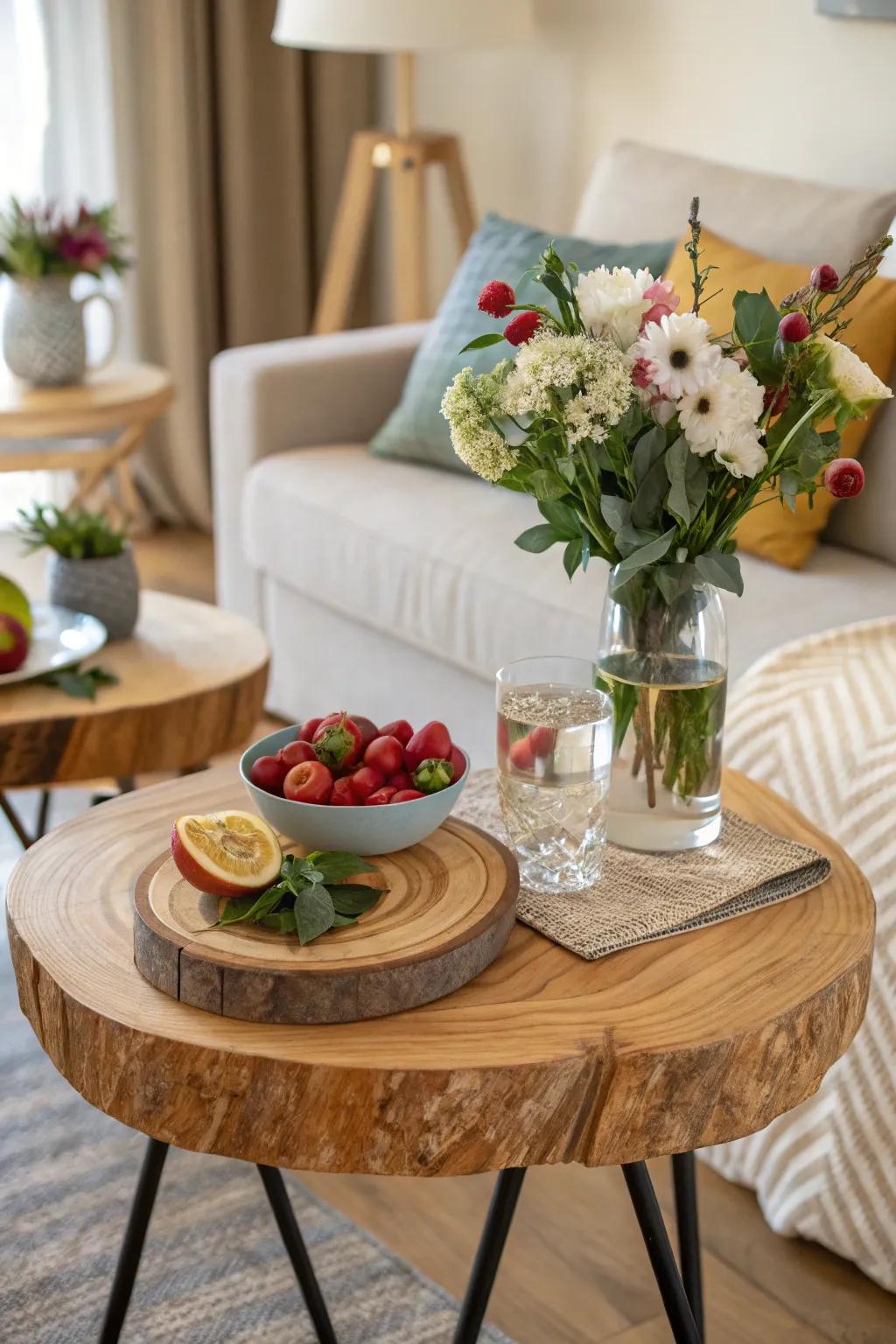 Nature-inspired drink table showcasing beautiful wood grain.