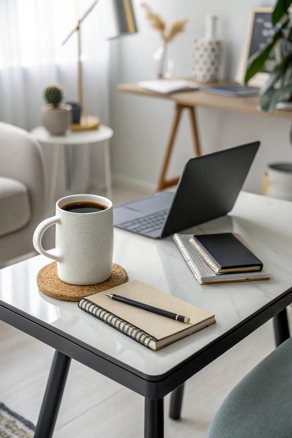 Modern minimalist drink table in a home office.