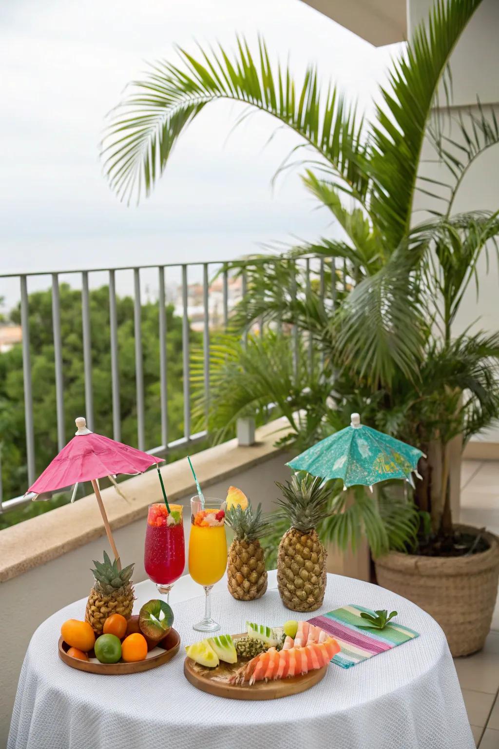 Tropical-themed drink table creating a vacation vibe on a balcony.