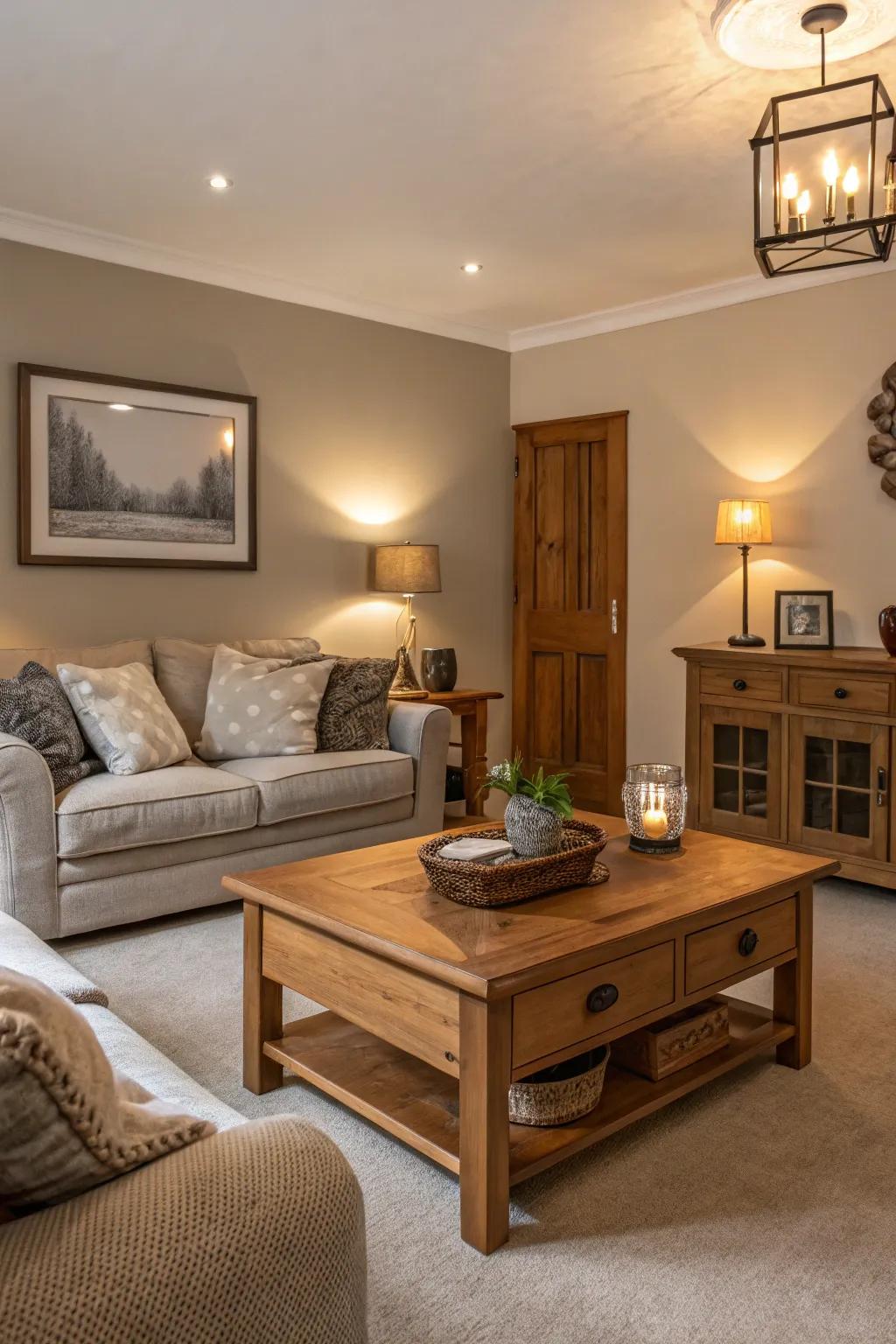 Living room with greige walls complemented by wooden furnishings for warmth.