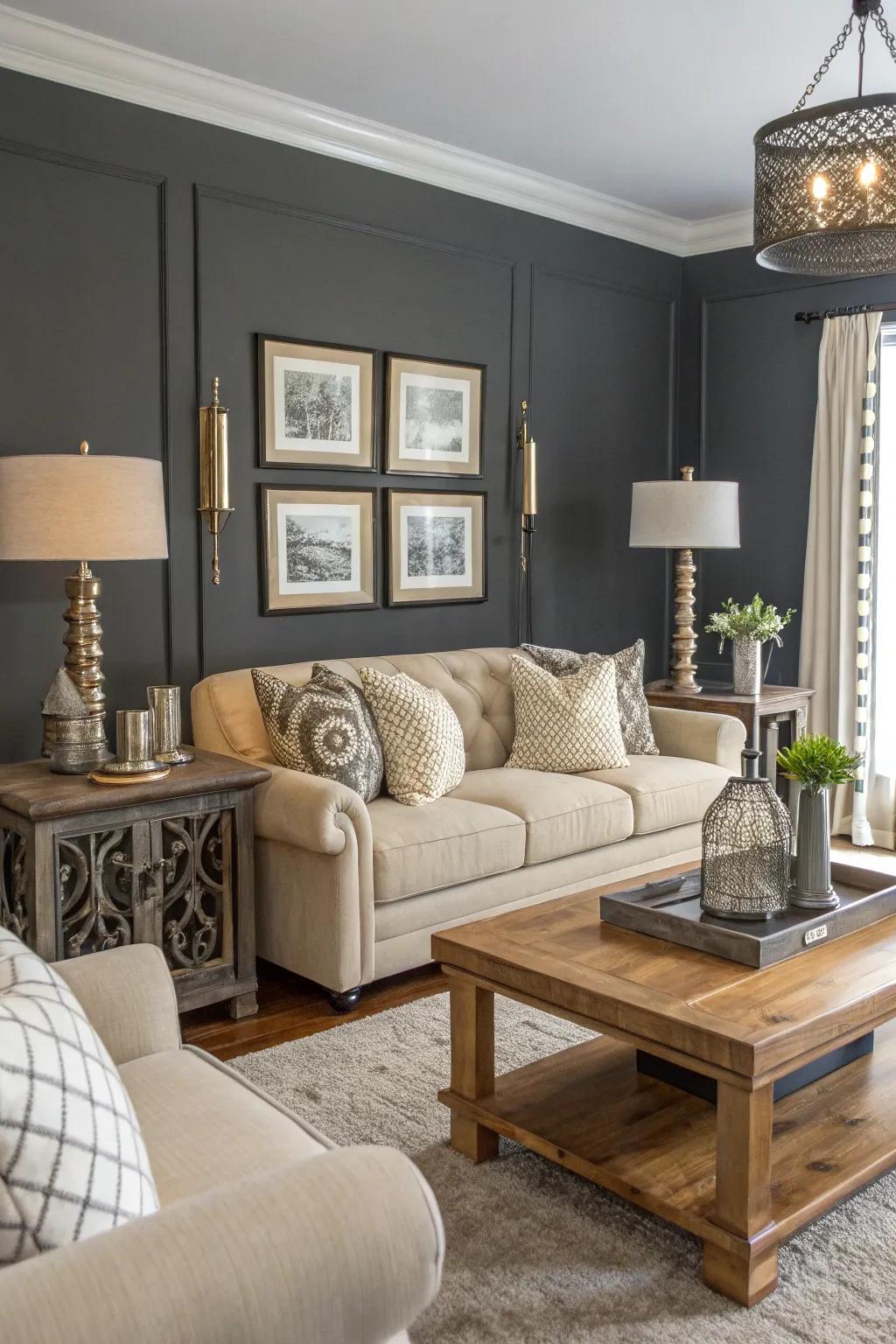 Living room featuring dramatic dark gray walls paired with light furnishings.