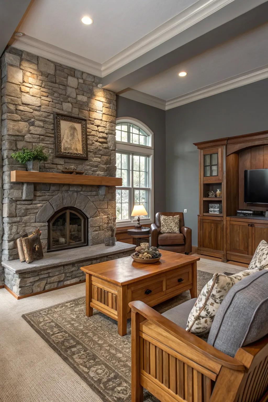 Gray walls paired with natural wood and stone textures for a harmonious look.