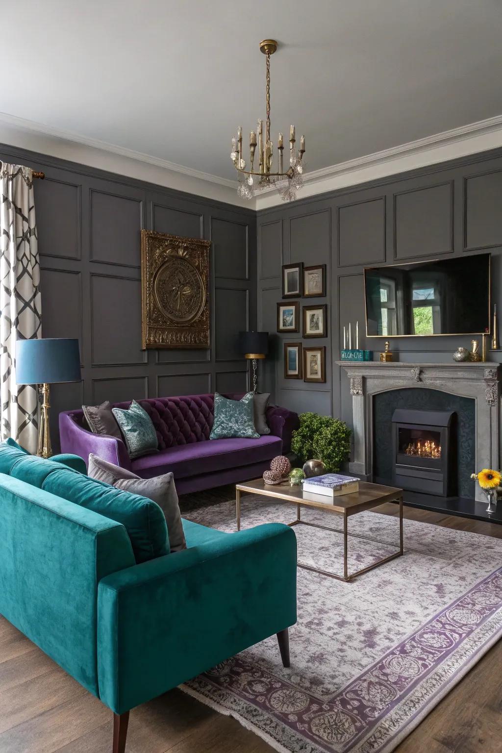 Living room featuring vibrant jewel tones against a gray backdrop.