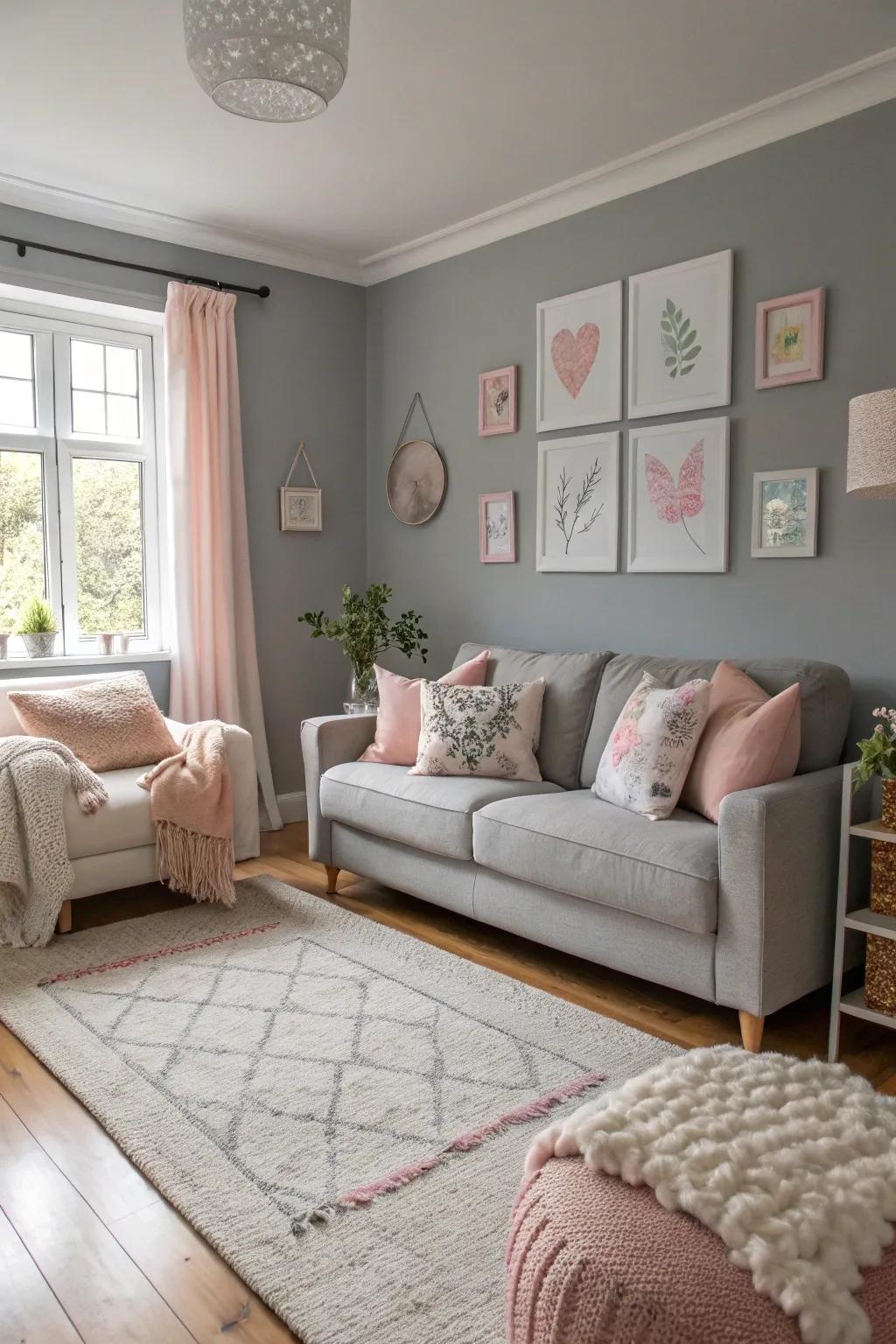 Gray living room enhanced with gentle pastel accents for a calming effect.