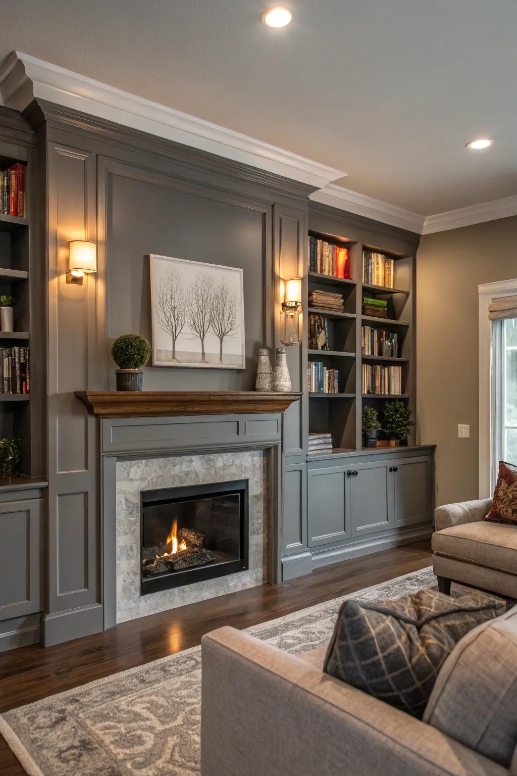 Gray paint accentuates architectural features in a stylish living room.