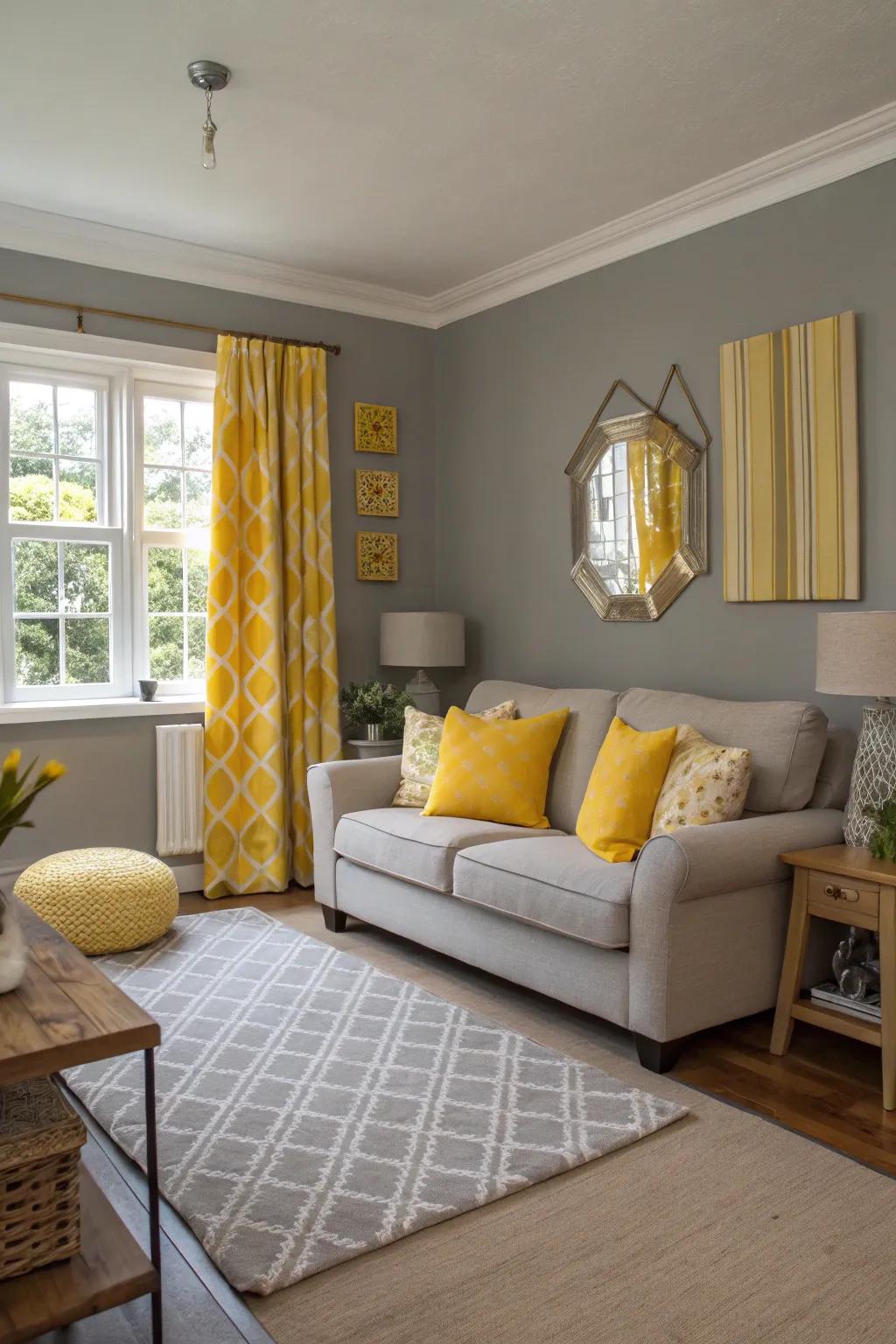 Gray living room energized with bright yellow accents.