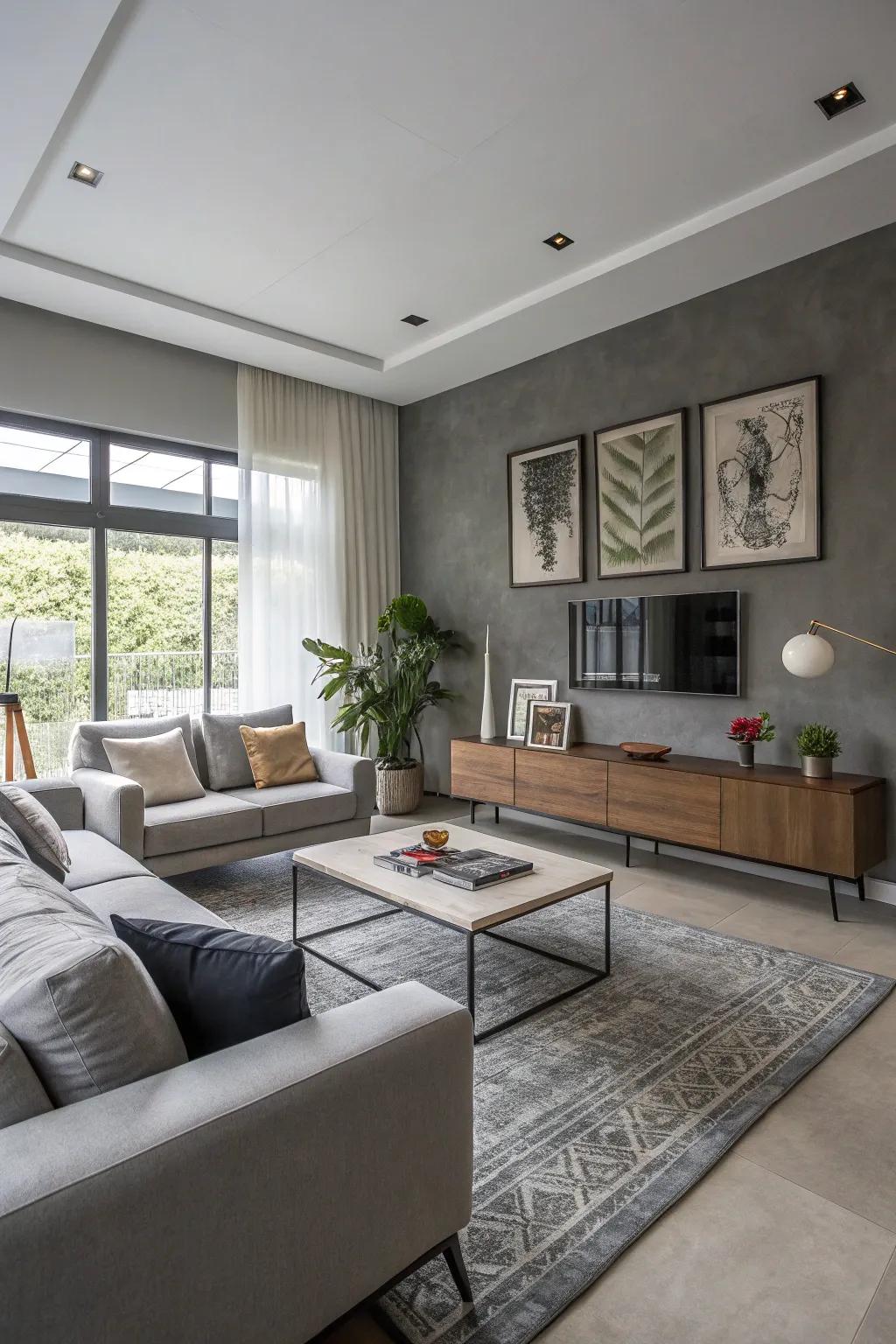 Modern living room featuring cool gray tones with blue-green undertones.
