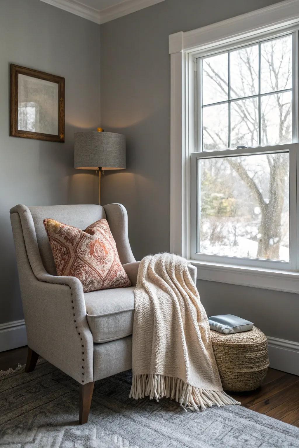 Warm gray tones create a snug nook ideal for relaxation.
