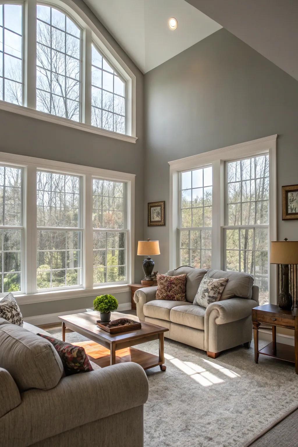 Medium gray walls illuminated by natural light brighten the living room.