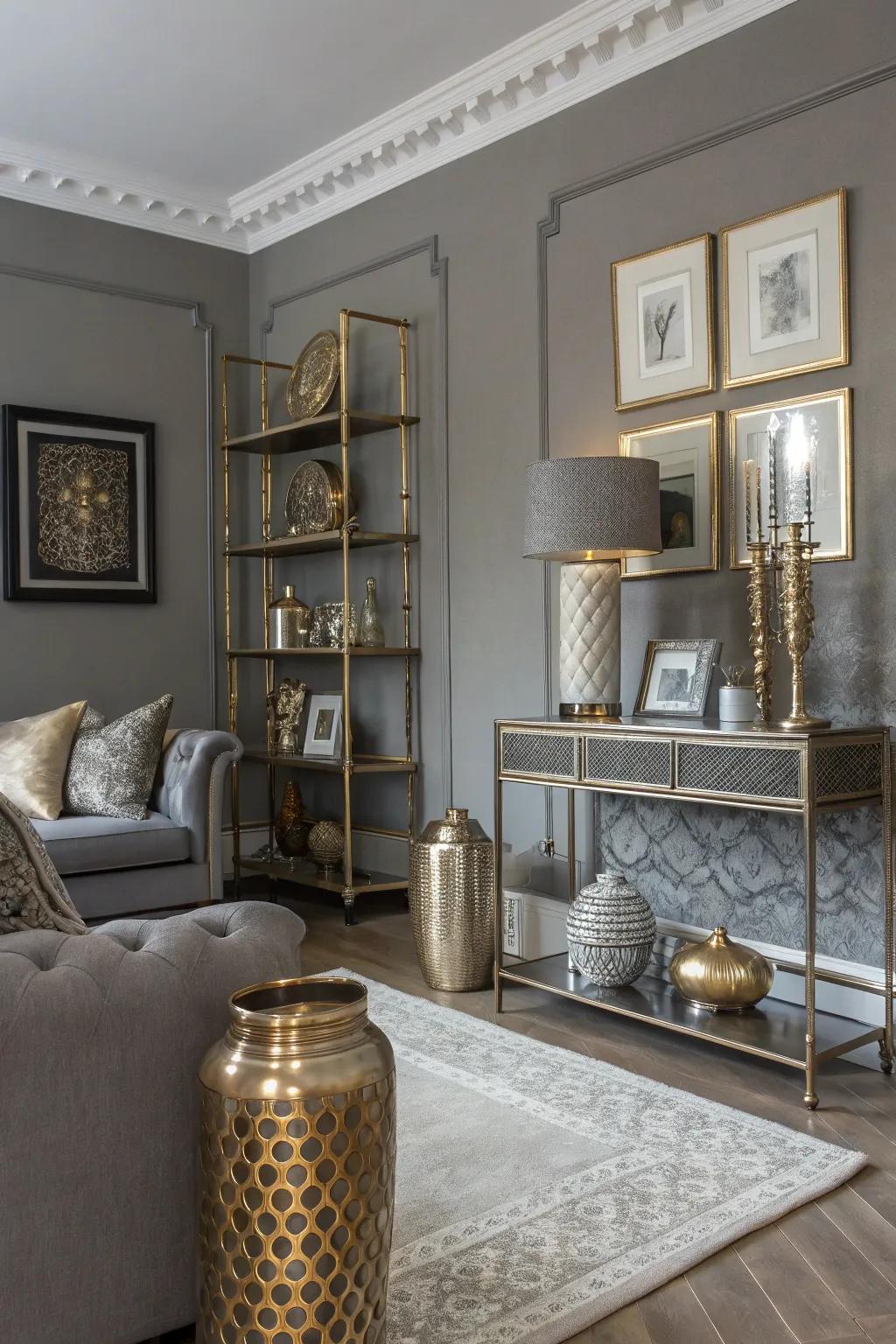 Gray living room enhanced with gold and silver metallic accents.