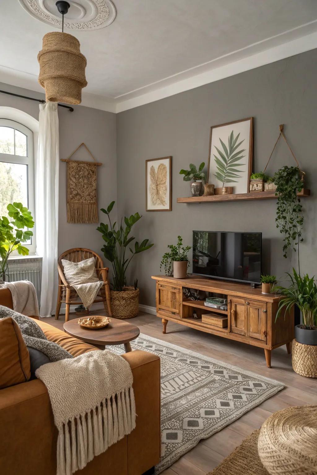 Living room combining gray walls with earthy terracotta and olive green accents.
