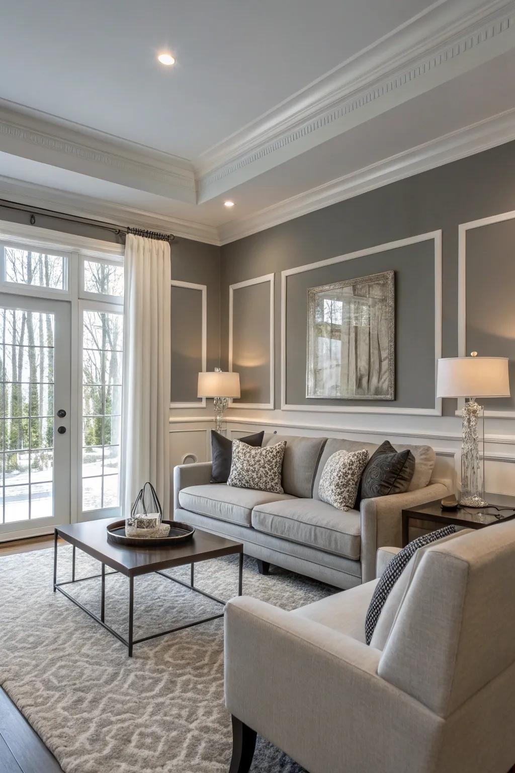 Timeless living room design featuring gray walls and white accents.