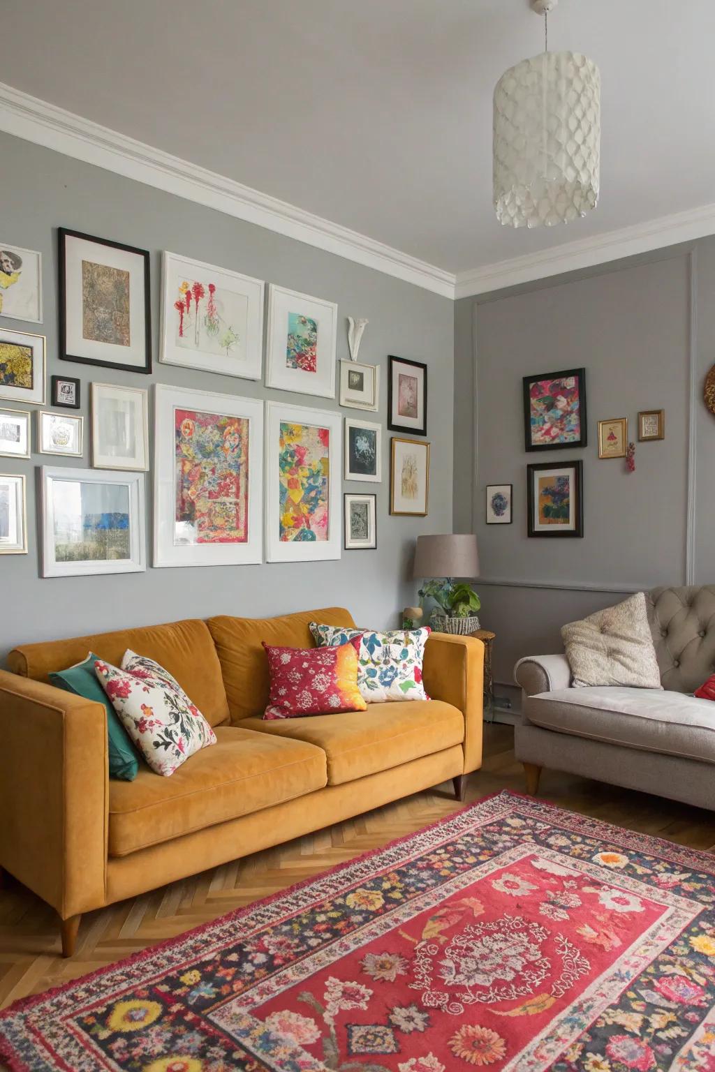 Gray walls serving as a neutral backdrop for vibrant artwork.