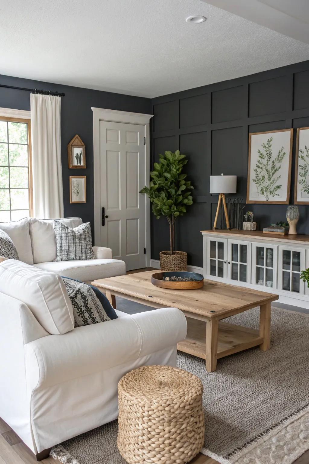 Living room featuring dark gray accents for contrast and dimension.