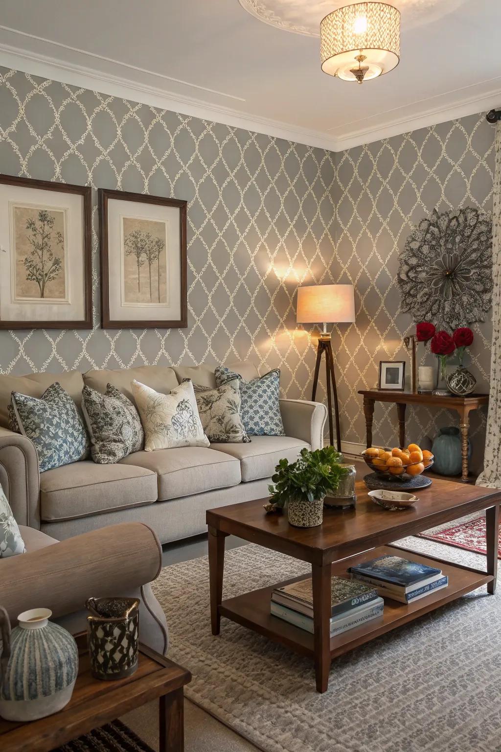 Living room with gray patterned wallpaper adding visual interest.