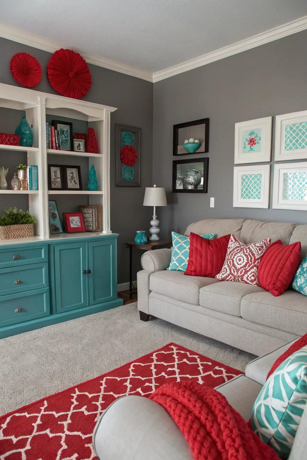Gray living room energized with bold red and turquoise accents.