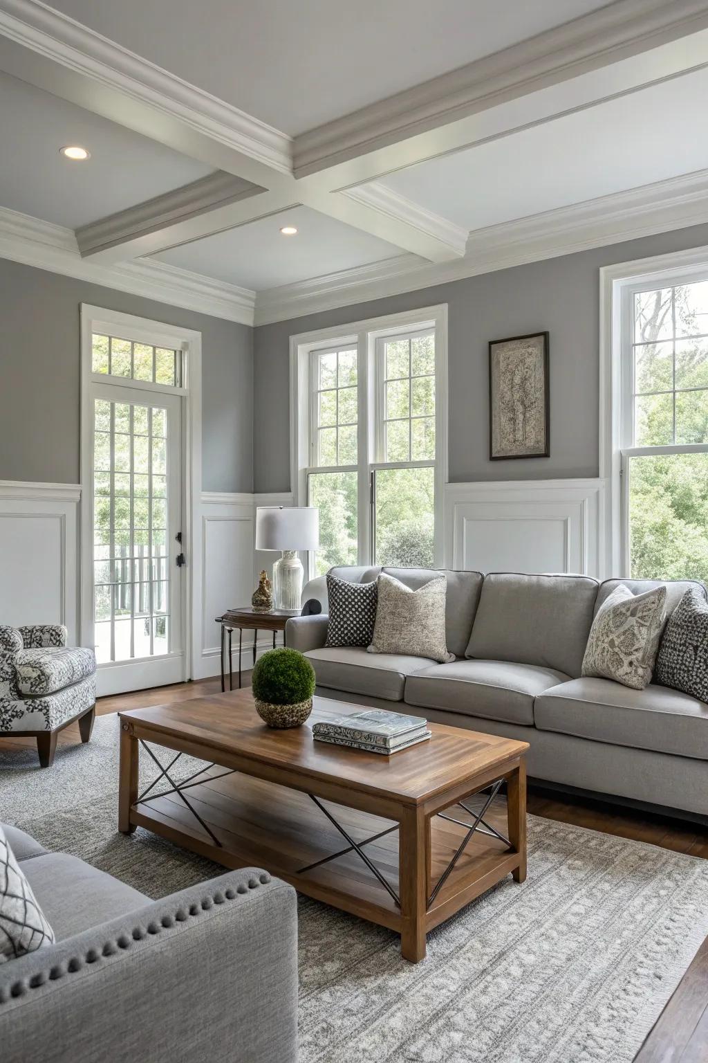 Living room featuring a two-tone gray scheme with contrasting walls and trim.