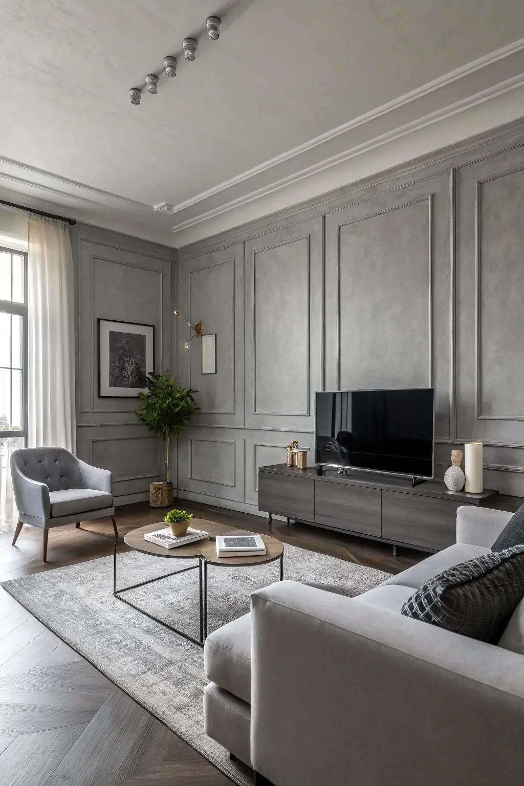 Minimalist living room with gray walls and sleek furniture.