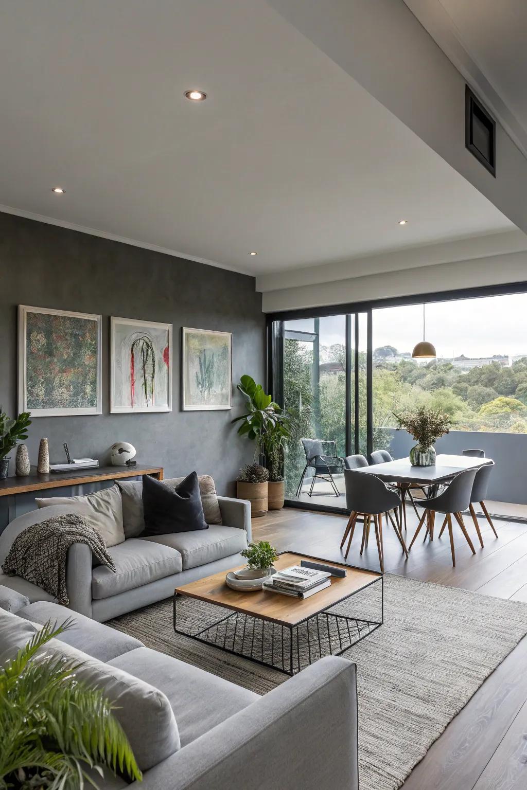 Open-plan living area with gray walls defining distinct zones.