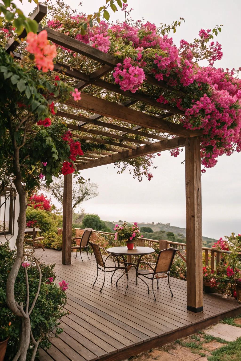 Deck with a pergola offering shade and color