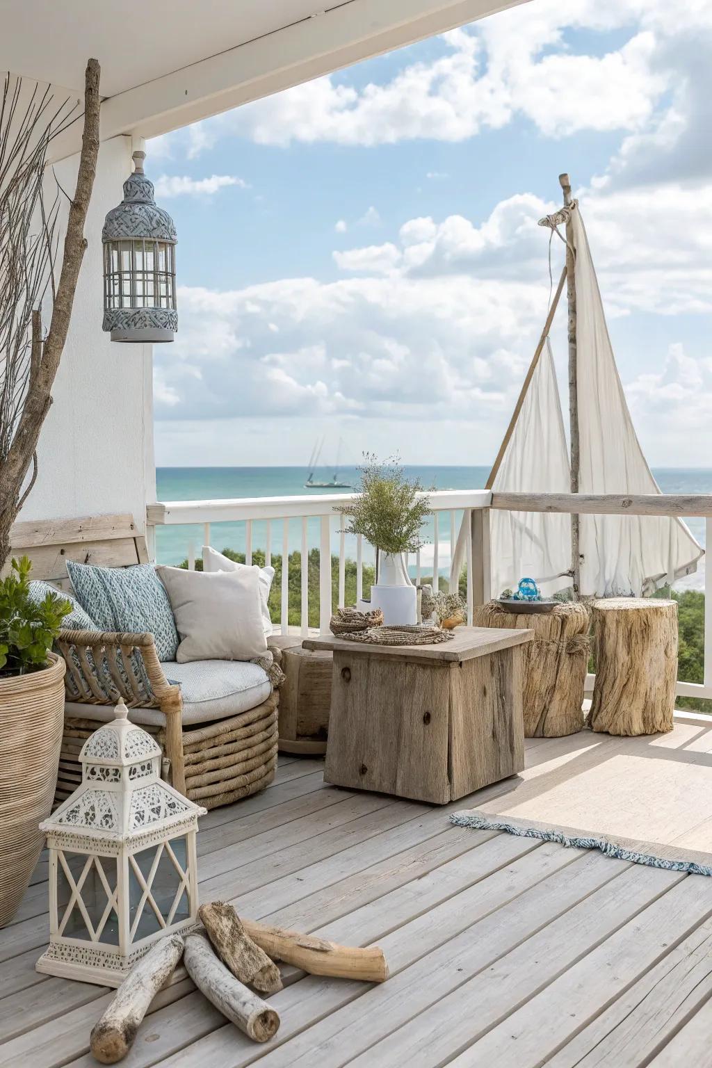 Coastal-inspired deck with beachy decor