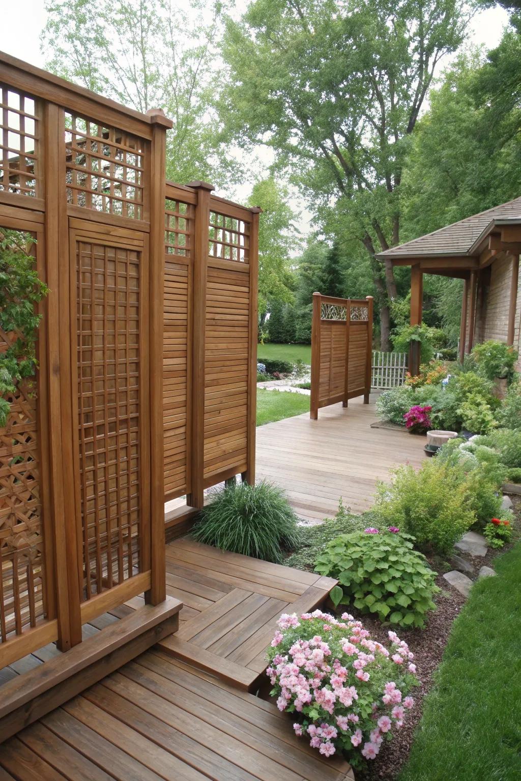 Deck featuring decorative privacy screens