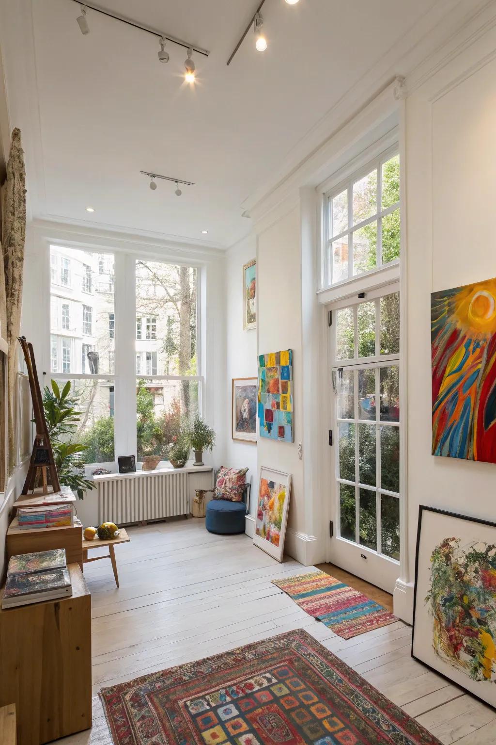 Pure white walls provide a versatile and fresh canvas.