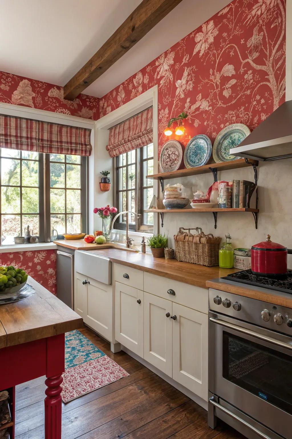 Toile red energizes spaces with rustic charm.
