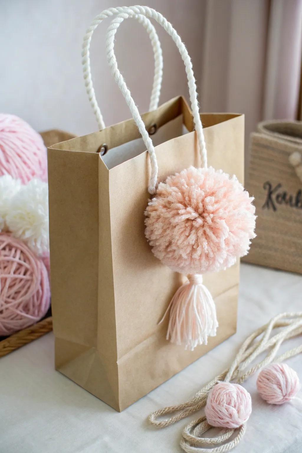 Whimsical pom-pom decorations on gift bags.