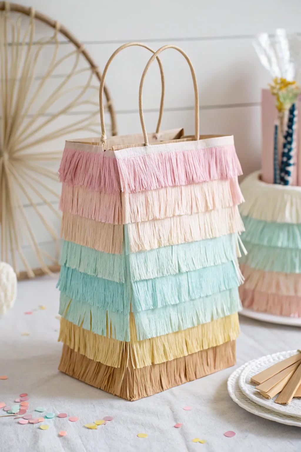 Colorful fringe paper decoration on gift bags.