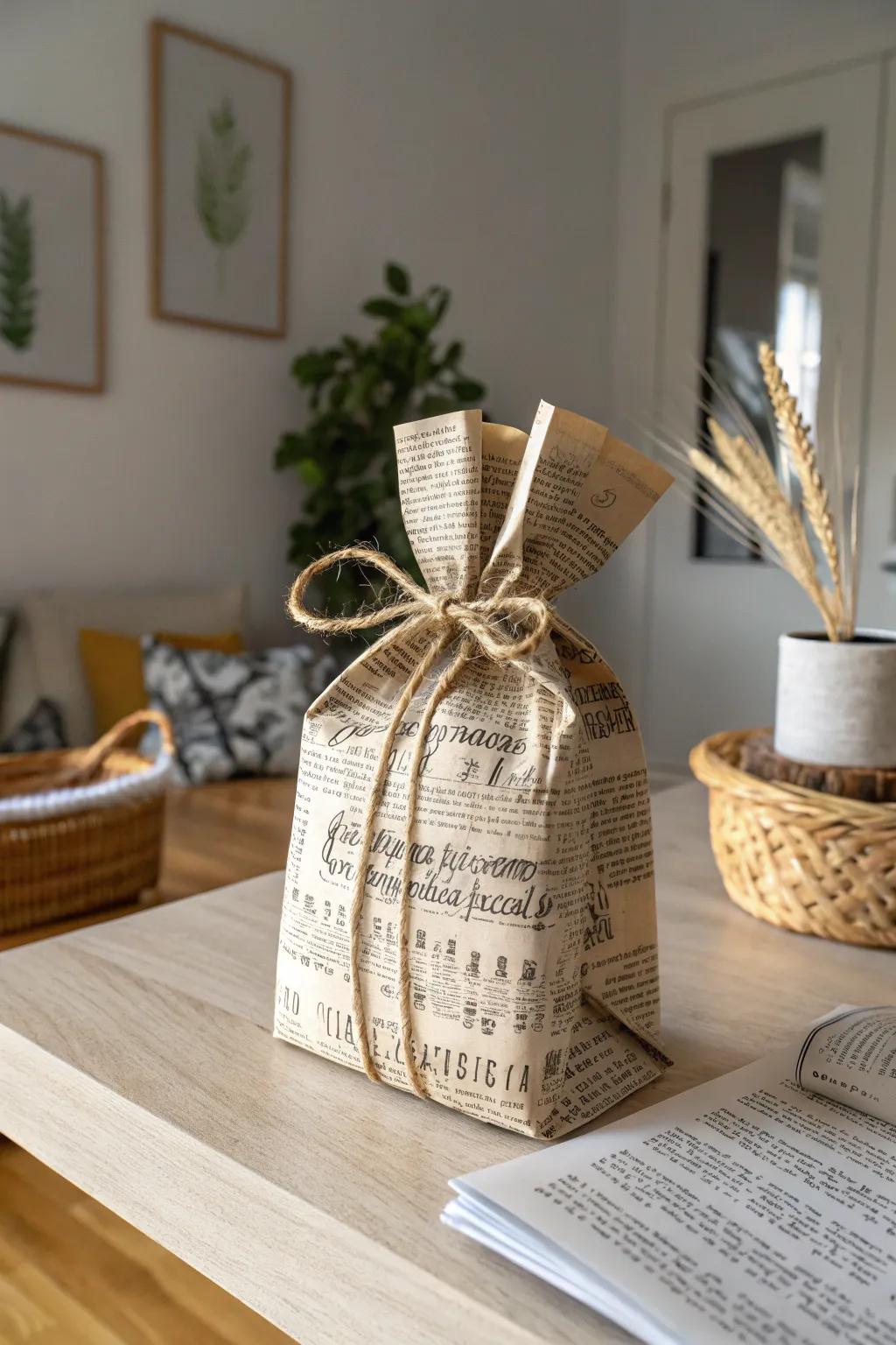 Gift bags wrapped in vintage newspaper and sheet music.